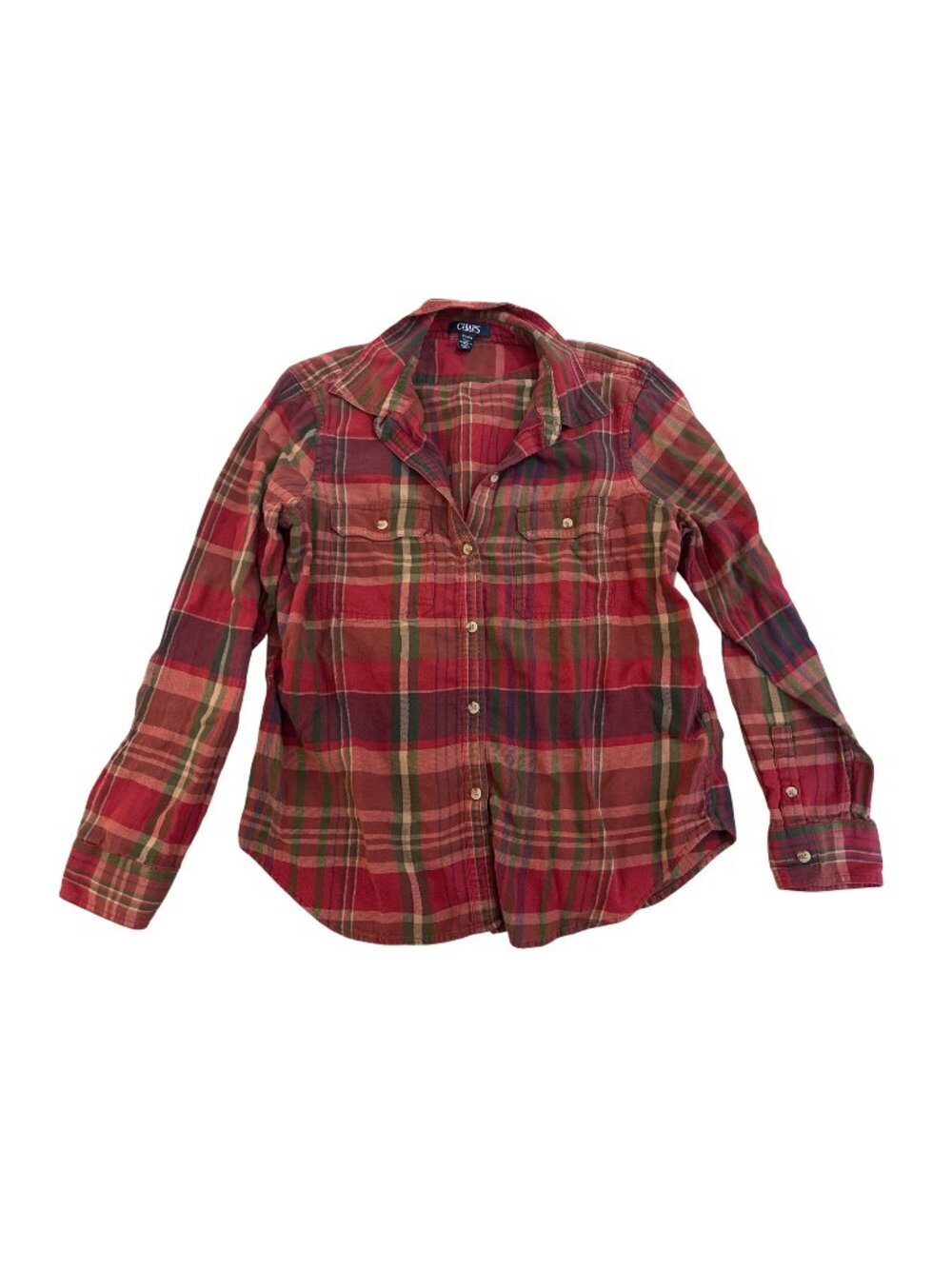 Chaps Petite Womens Plaid Flannel Shirt PL Button-Down Red & Green Casual